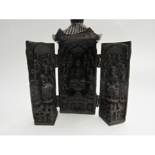 359 - A vintage ornate Chinese travel triptych folding altar/shrine, Buddhist God   (R) £25