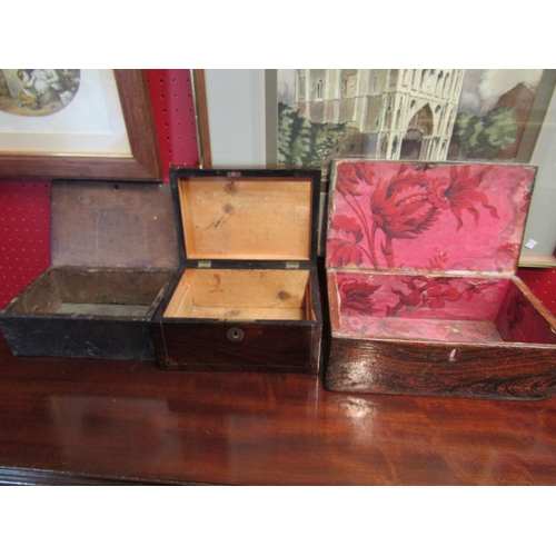 91 - Three wooden boxes to include one with block printed floral wallpaper interior and scumbled exterior