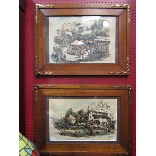 49 - RAMON PUJOL (1907-1981): A pair of Spanish watercolours in oak frames with Art Nouveau copper decora... 