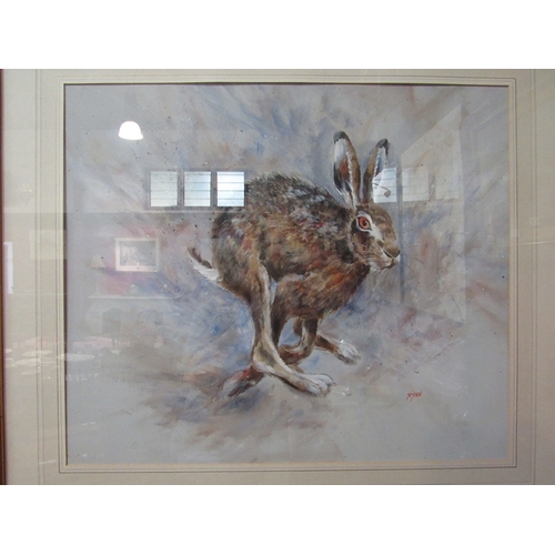 124 - JOHN RYAN: A large acrylic 'Running Hare', framed and glazed, 51cm x 60cm