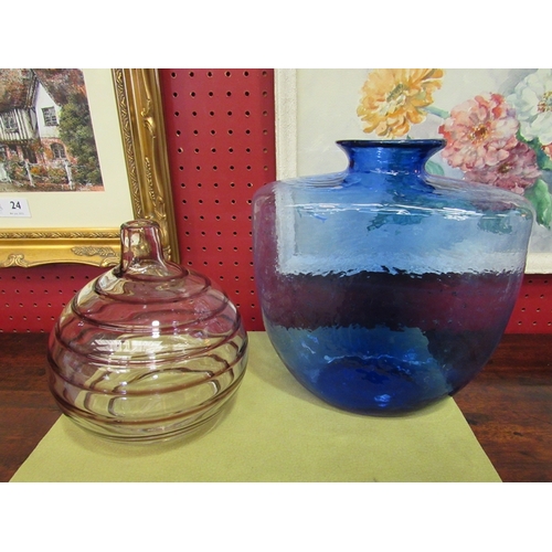 26 - A modern art glass onion shape vase with applied swirls, together with a blue glass vase (2)      (R... 