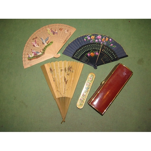 42 - A collection of boxes and fans including Anglo-Indian example, Kashmiri painted etc.