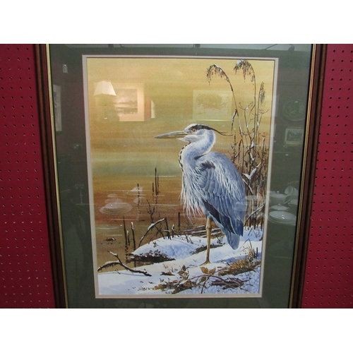 61 - NEIL COX: A watercolour of heron in wintery scene, framed and glazed, 50cm x 37cm