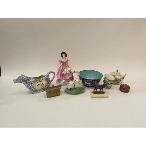 304 - A box of mixed ornaments including cow milk jug, Coalport lady, cloisonne items