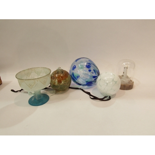 306 - Two hand blown glass friendship balls, a straw silk glass goblet shape vase, etc (6)     (R) £15