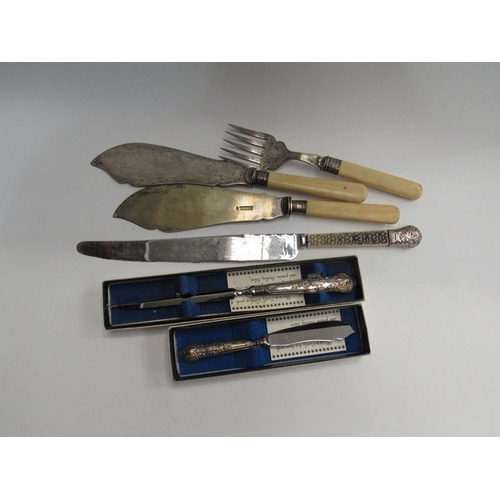 349 - A silver handled butter knife and letter opener, cake knife, fish servers with silver ferrules (6)  ... 