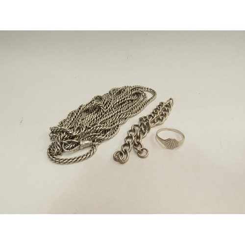 353 - A silver long chain, silver ring etc.