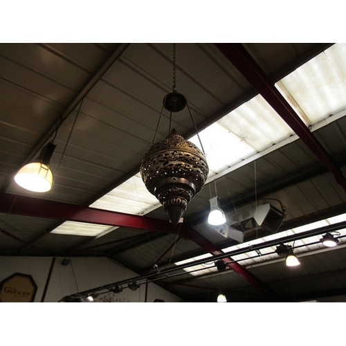 448 - A Turkish white metal pendant lantern, 60cm total drop