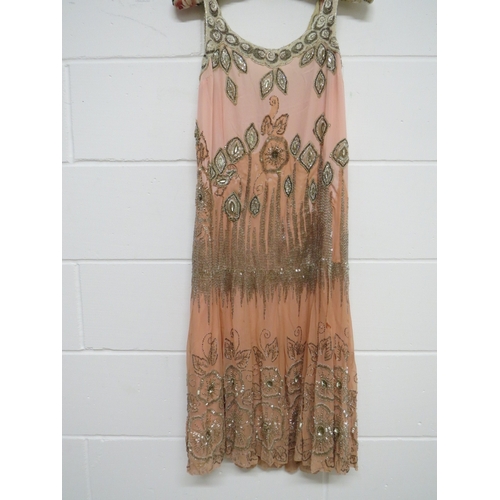 1236 - A 1920's wonderful chiffon peach silk two tone evening dress decorated with pearlised beads, chiffon... 