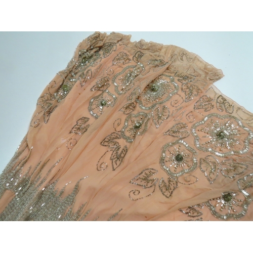 1236 - A 1920's wonderful chiffon peach silk two tone evening dress decorated with pearlised beads, chiffon... 