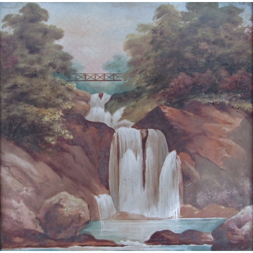 1424 - A pair of Victorian painted porcelain tile panels depicting waterfalls. Set in heavily ornate gilt f... 