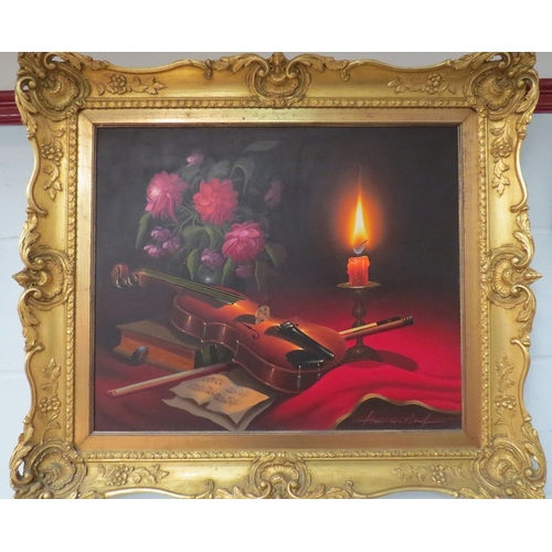 1010 - A gilt framed oil on canvas still life of a violin, flowers and burning candle. Indistinctly signed ... 