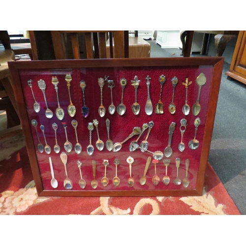 1042 - A large collection of souvenir spoons, enamelled, worldwide examples in three display cases   (E) £2... 