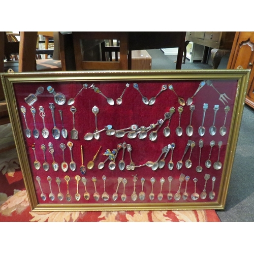 1042 - A large collection of souvenir spoons, enamelled, worldwide examples in three display cases   (E) £2... 