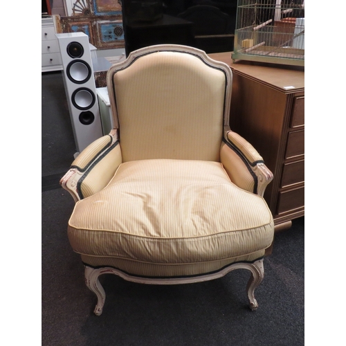 1116 - A pair of French reproduction cream armchairs with regency striped fabric, upholstered removable cus... 