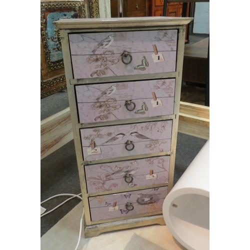 1122 - A pair of retro style bedside chest of five drawers with bird decoration, 73cm x 35cm x 30cm