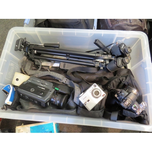 1247 - Two crates and bags containing cameras and accessories including Kodak, video recorder, lenses etc