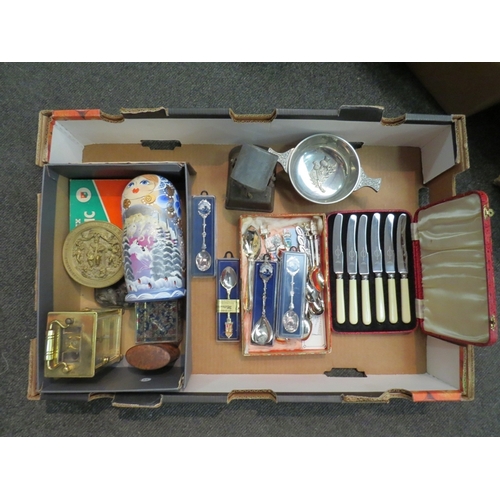 1263 - A box of miscellaneous including Russian dolls, carriage clock, souvenir spoons, framed coinage etc