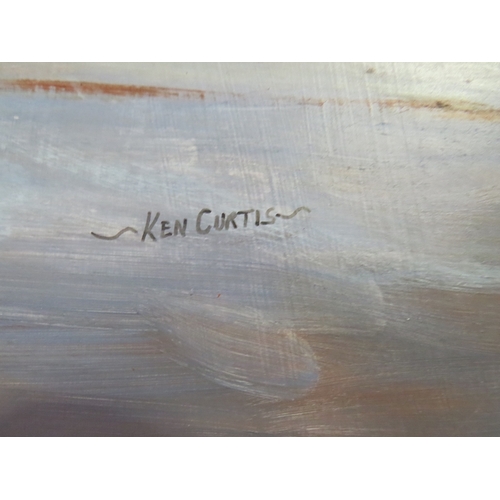 1283 - KEN CURTIS: An acrylic on board of boats at Pin Mill, signed lower right, framed 47cm x 58cm