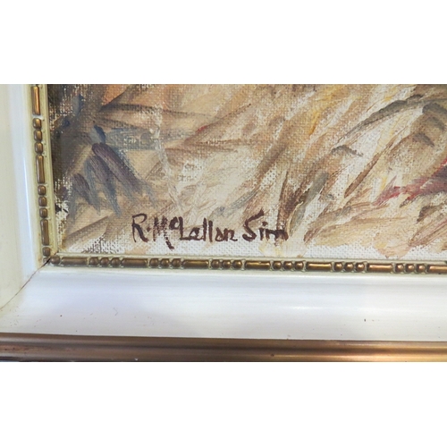 1286 - A gilt framed oil on board of a lighthouse at sea. Monogrammed lower right, 39cm x 60cm, a/f. RMc LE... 