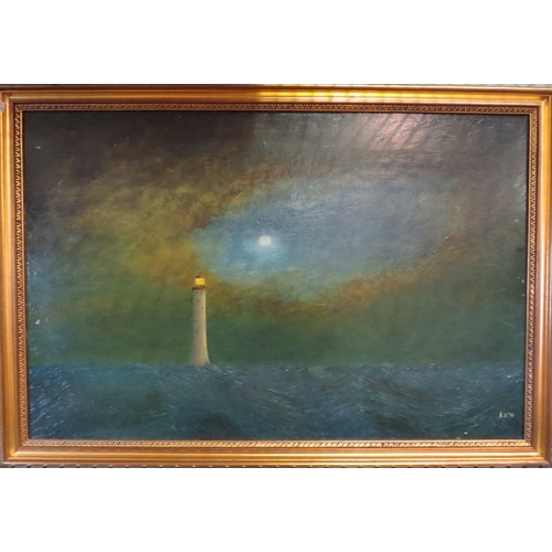 1286 - A gilt framed oil on board of a lighthouse at sea. Monogrammed lower right, 39cm x 60cm, a/f. RMc LE... 