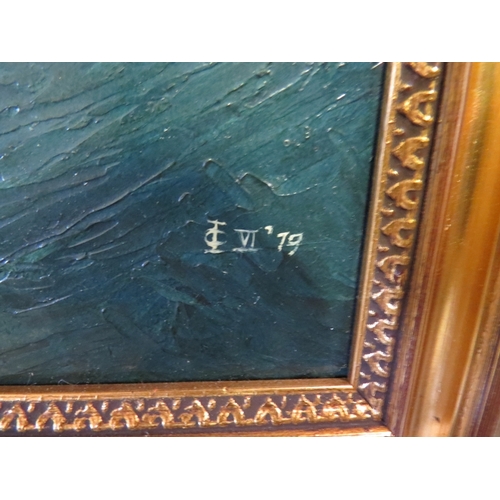 1286 - A gilt framed oil on board of a lighthouse at sea. Monogrammed lower right, 39cm x 60cm, a/f. RMc LE... 