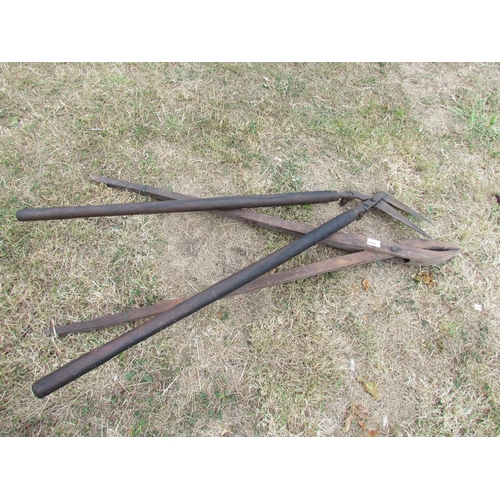 4669 - A set of timber weeding tongs and a pair of lawn edgers