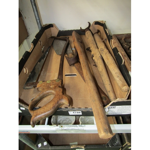 4108 - A box containing long handled cleaver, bone saw and meat hooks   (R) £25