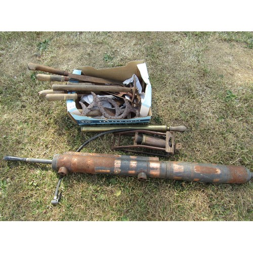 4679 - A box of hand tools, pump etc