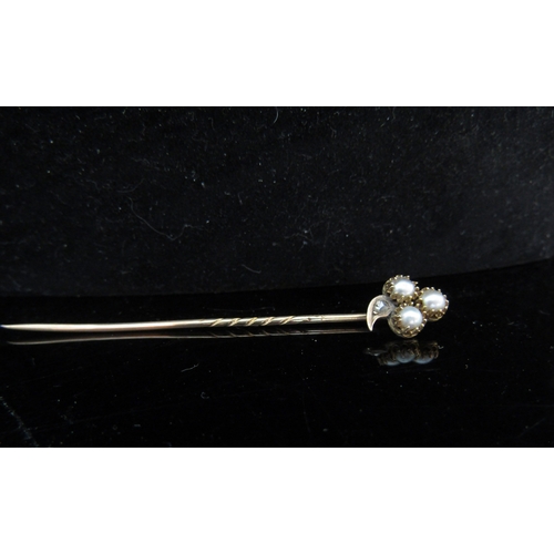 5068 - A pearl and old cut diamond set stick pin, unmarked, in fitted case, 2g    (R) £40