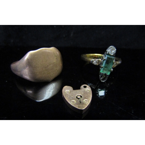 5154 - A 9ct gold signet ring, a ring stamped 18ct with diamonds and emerald, stone missing a/f, and a 9ct ... 