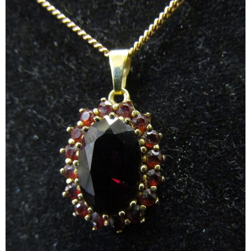 5165 - A 9ct gold garnet cluster pendant hung on 9ct gold chain, with a pair of matching earrings, 7.6g   (... 