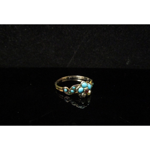 5175 - A late Georgian turquoise and seed pearl flower ring, one turquoise missing, split shank, glass memo... 