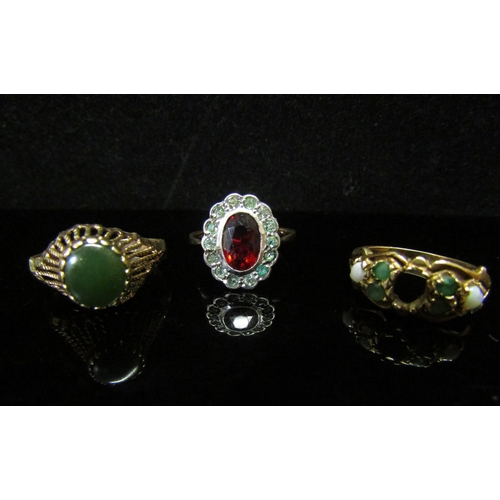 5185 - Three rings including green cabochon, stamped 9ct. Size N, 9ct gold emerald and opal cluster (missin... 