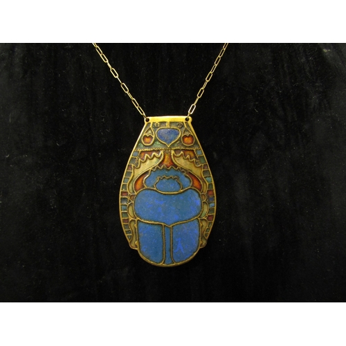 5134 - An Egyptian revival large scarab beetle pendant necklace, 6.5cm long, in Fattorini box