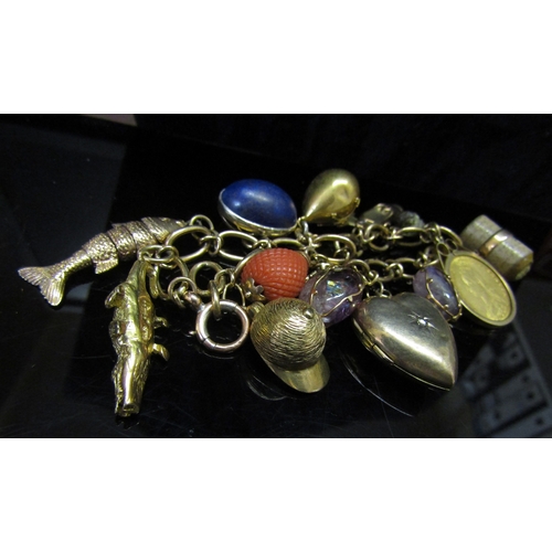 5142 - A 9ct gold charm bracelet hung with 9ct gold charms including articulated fish, crocodile, jockey ha... 