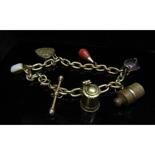 5143 - A 9ct gold charm bracelet hung with 9ct gold tankard, engraved heart and T-bar, coral egg, amethyst ... 