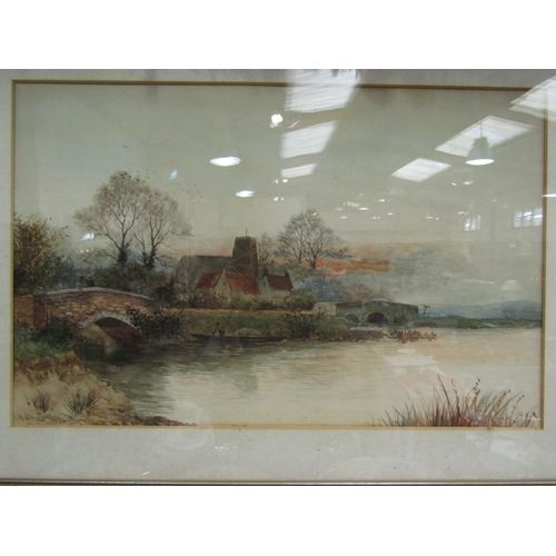 1266 - H.WELLS: A watercolour depicting a riverside scene, gents fishing off a bridge, with church to backg... 