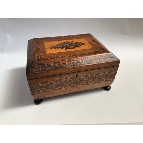 8001 - A 19th Century Tunbridge ware sewing box with contents, floral inlay, 21cm x 26cm x 13cm