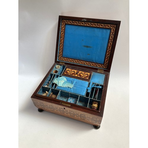 8001 - A 19th Century Tunbridge ware sewing box with contents, floral inlay, 21cm x 26cm x 13cm