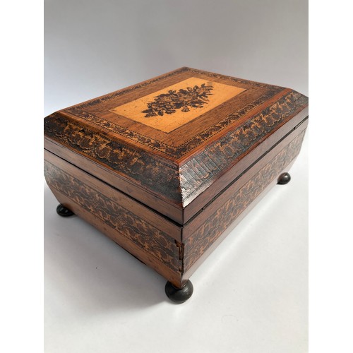 8001 - A 19th Century Tunbridge ware sewing box with contents, floral inlay, 21cm x 26cm x 13cm