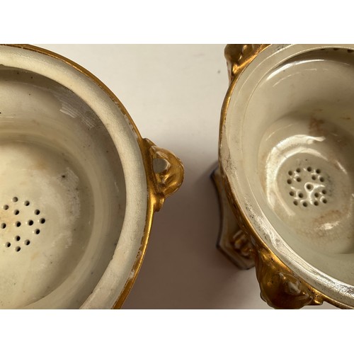 8002 - A pair of 19th Century Derby potpourri pedestal bowls, enriched with gilt, a/f, 11cm tall