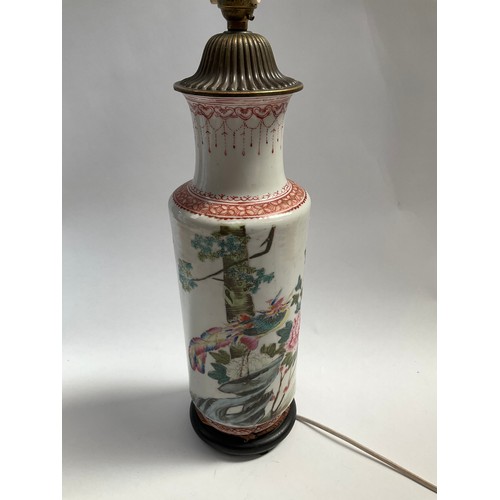 8005 - A Chinese porcelain vase converted into a table lamp, ebonised wood base a/f, 70cm with shade