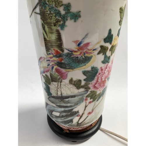 8005 - A Chinese porcelain vase converted into a table lamp, ebonised wood base a/f, 70cm with shade