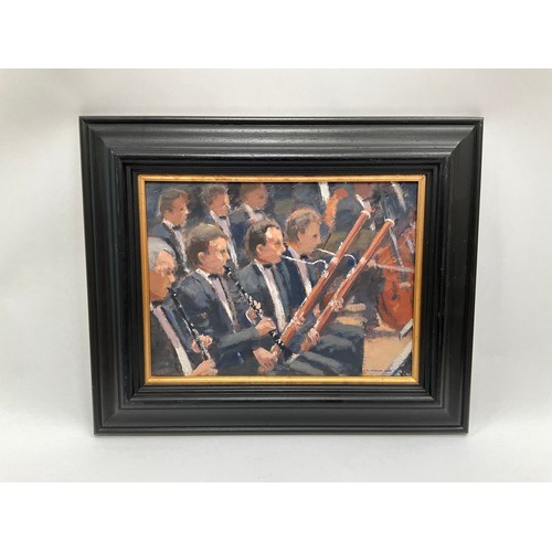 8028 - RONALD MORGAN (XX-XXI): An oil on board titled 'Musicians', 22.5cm x 30.5cm, framed