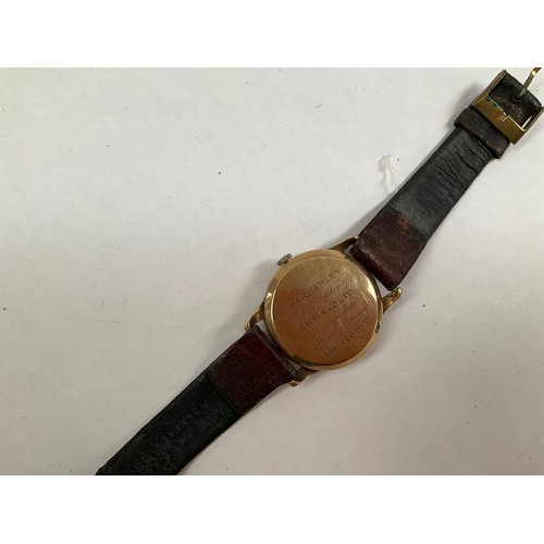 8041 - A 1940's Tudor 9ct gold gentleman's wristwatch, leather strap, inscription to back