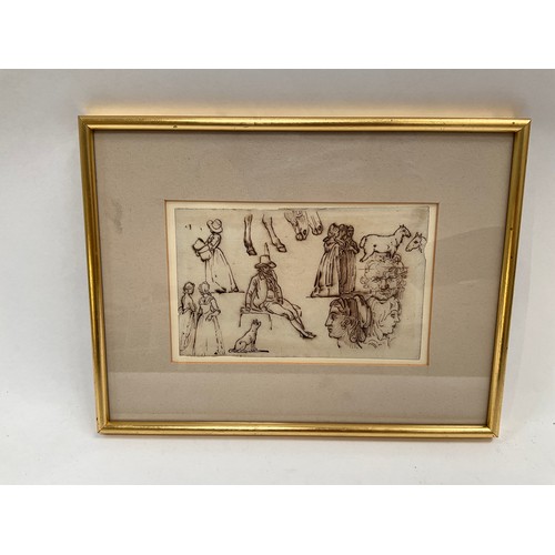 8017 - An 18th Century pen and ink sketch of figures and animals, 11.5cm x 19cm, framed and glazed