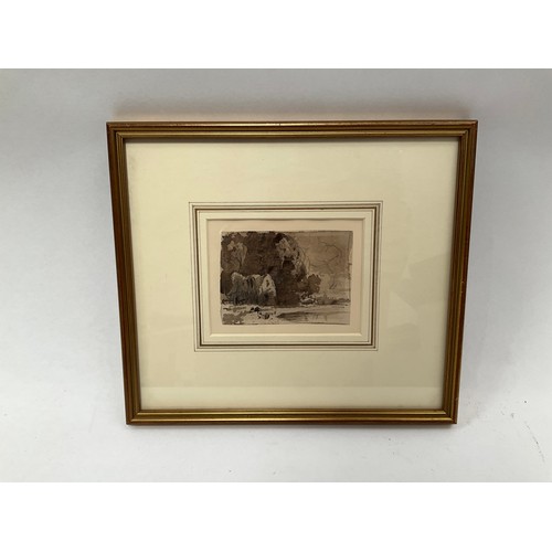 8012 - JOHN VARLEY (1778-1842): A pen and sepia wash depicting waterside dwelling, 10cm x 12cm, Fry Gallery... 