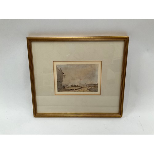 8008 - LADY MARIANNE MORDAUNT (1778-1842): A watercolour of harbourside scene, 9cm x 13cm, framed and glaze... 