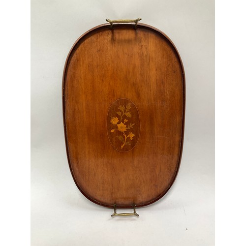 8045 - A 19th Century mahogany drinks tray with marquetry oval cartouche, brass handles, 57cm wide